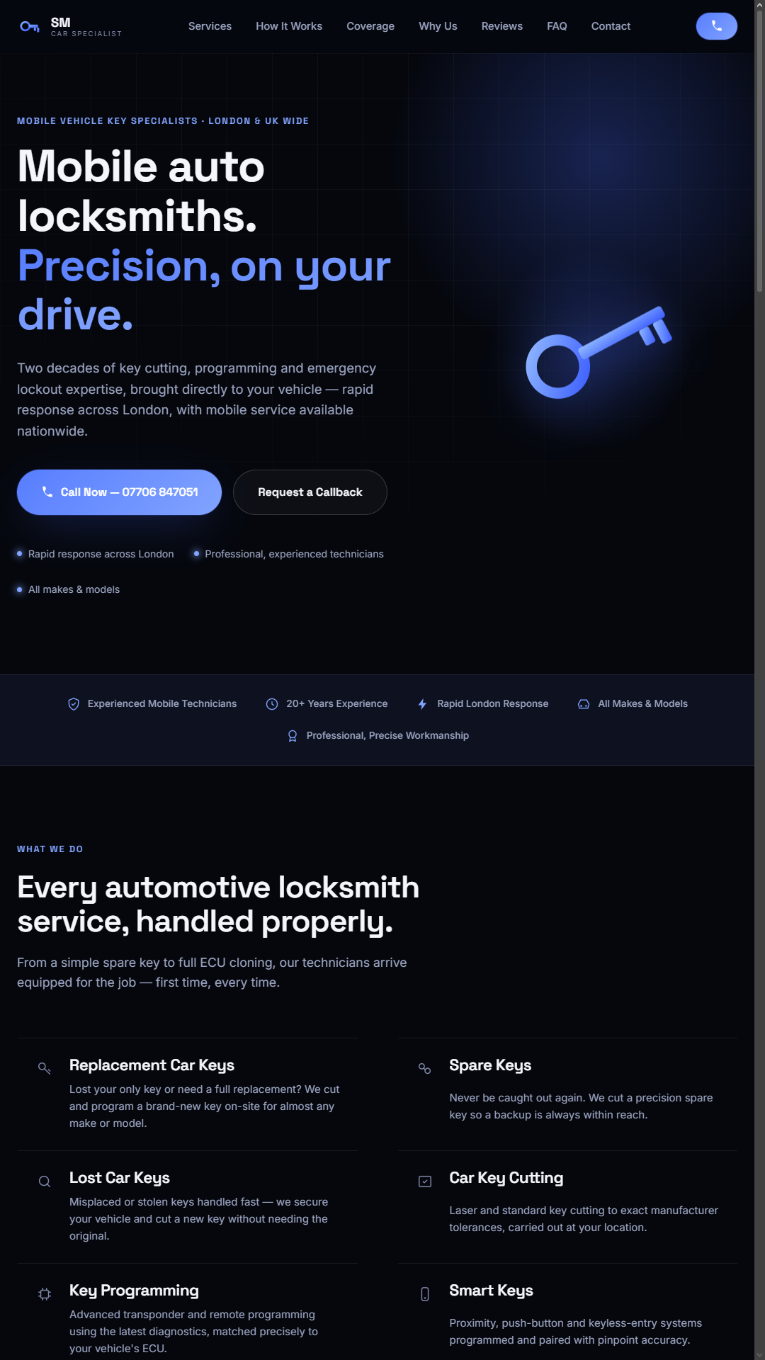 SM Car Specialist website homepage — mobile auto locksmith hero section with call-to-action buttons